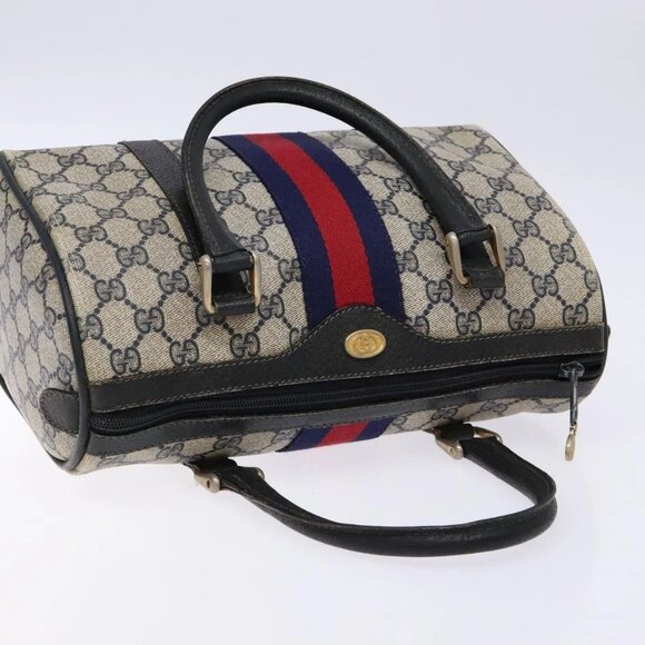 GUCCI GG Supreme Sherry Line Hand Bag PVC Navy Gold Red Auth 135604 - Picture 7 of 16
